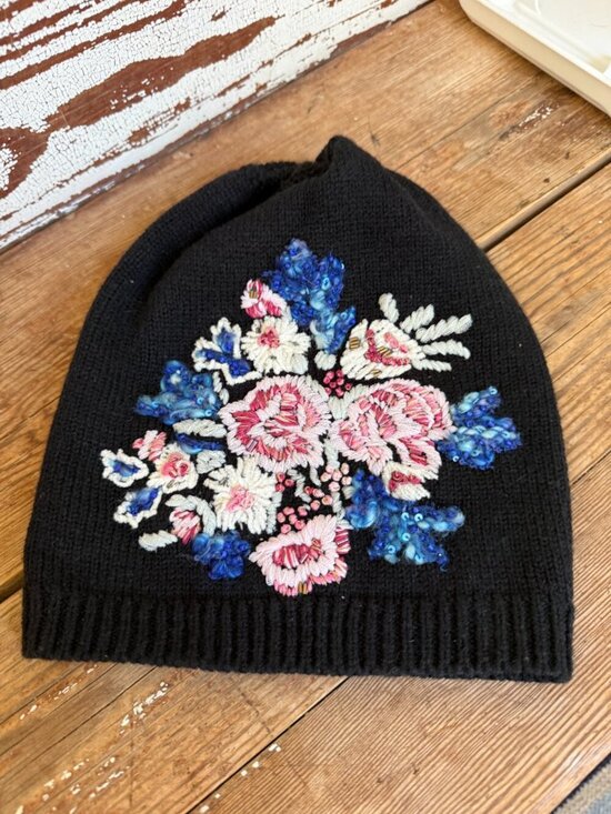 Anthropologie  Black Embroidered  Danielle Kroll Best Of Buds Wool Beanie main image 9